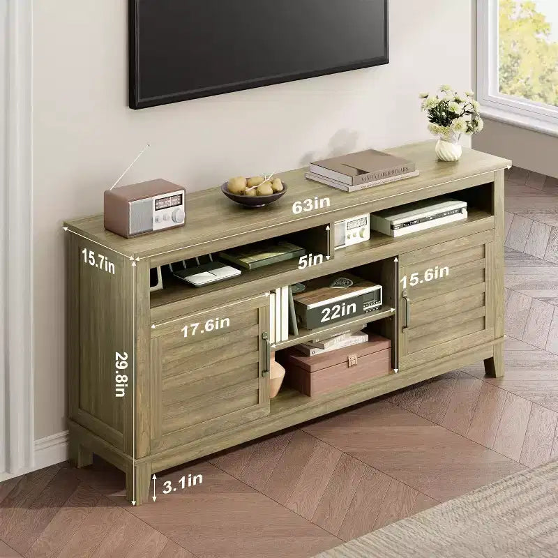 Mobile TV da 63'', Console TV moderna in stile rustico per soggiorno con ripiani regolabili, Centro di intrattenimento per casa/ufficio