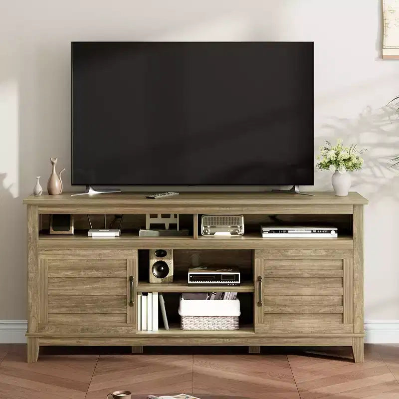 Mobile TV da 63'', Console TV moderna in stile rustico per soggiorno con ripiani regolabili, Centro di intrattenimento per casa/ufficio