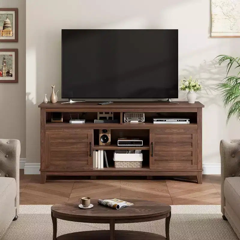 Mobile TV da 63'', Console TV moderna in stile rustico per soggiorno con ripiani regolabili, Centro di intrattenimento per casa/ufficio