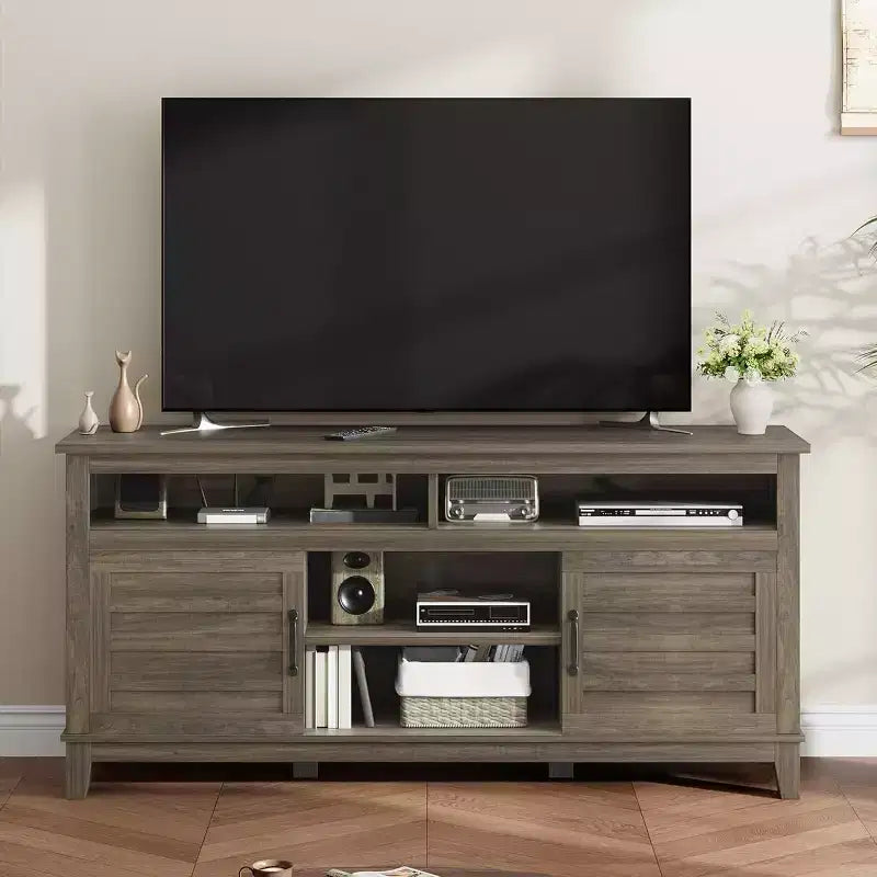 Mobile TV da 63'', Console TV moderna in stile rustico per soggiorno con ripiani regolabili, Centro di intrattenimento per casa/ufficio