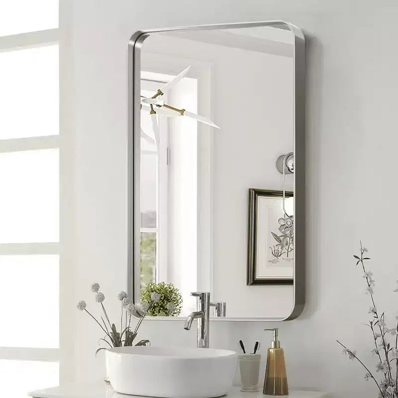 MAYEERTY Hanging Mirror Aluminum Alloy Rounded Corner Rectangle Electroplated Silver Look 50x32x2in Deep Mirror
