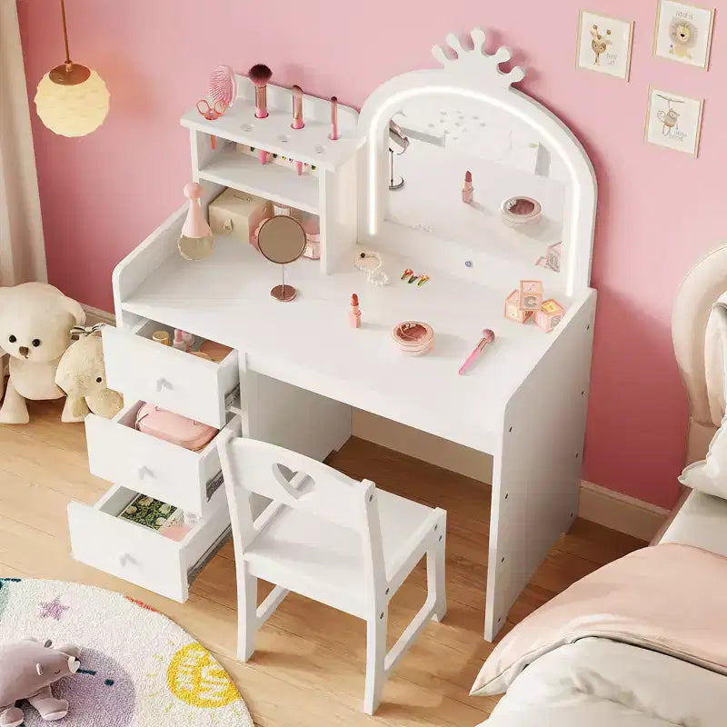 Toeletta per bambini con sedia, Vanity in legno da principessa, Specchio, Luci, Ripiani portaoggetti e Cassetti, Tavolino da trucco 2-in-1 per bambine