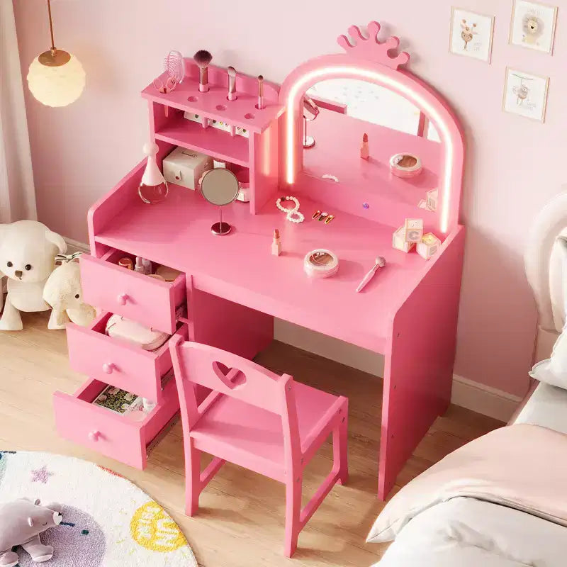 Toeletta per bambini con sedia, Vanity in legno da principessa, Specchio, Luci, Ripiani portaoggetti e Cassetti, Tavolino da trucco 2-in-1 per bambine