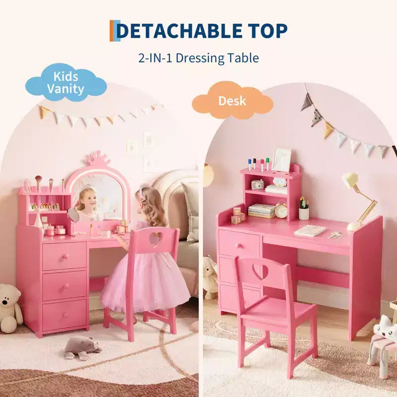 Toeletta per bambini con sedia, Vanity in legno da principessa, Specchio, Luci, Ripiani portaoggetti e Cassetti, Tavolino da trucco 2-in-1 per bambine