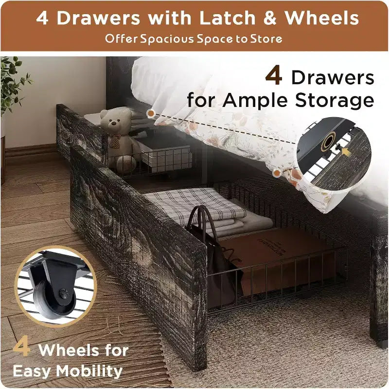 AMERLIFE 48,8 H Telaio letto con 4 cassetti contenitore, testiera a porta di fienile, venature del legno rustico, nessuna molla necessaria