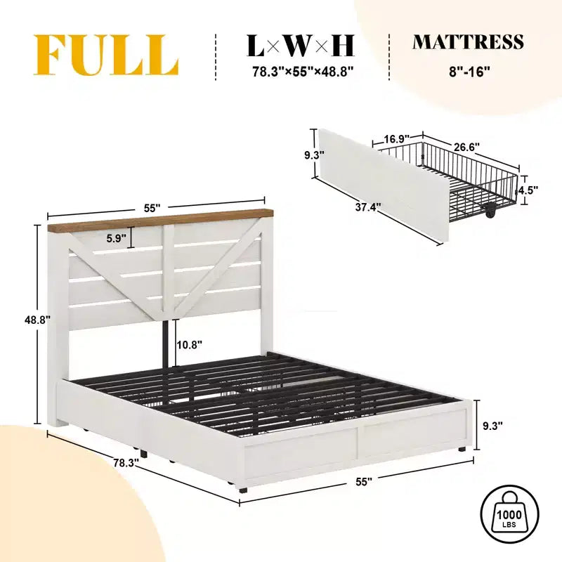 AMERLIFE 48,8 H Telaio letto con 4 cassetti contenitore, testiera a porta di fienile, venature del legno rustico, nessuna molla necessaria