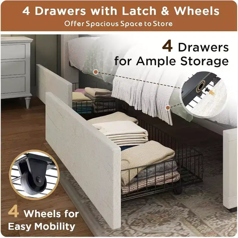 AMERLIFE 48,8 H Telaio letto con 4 cassetti contenitore, testiera a porta di fienile, venature del legno rustico, nessuna molla necessaria