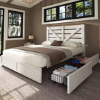 AMERLIFE 48,8 H Telaio letto con 4 cassetti contenitore, testiera a porta di fienile, venature del legno rustico, nessuna molla necessaria
