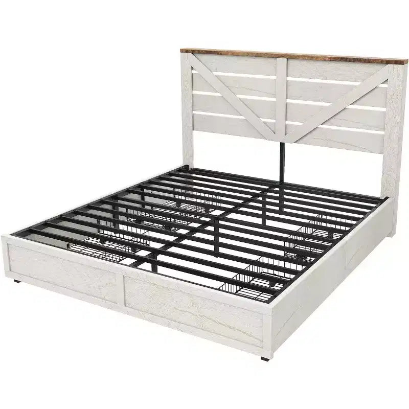 AMERLIFE 48,8 H Telaio letto con 4 cassetti contenitore, testiera a porta di fienile, venature del legno rustico, nessuna molla necessaria