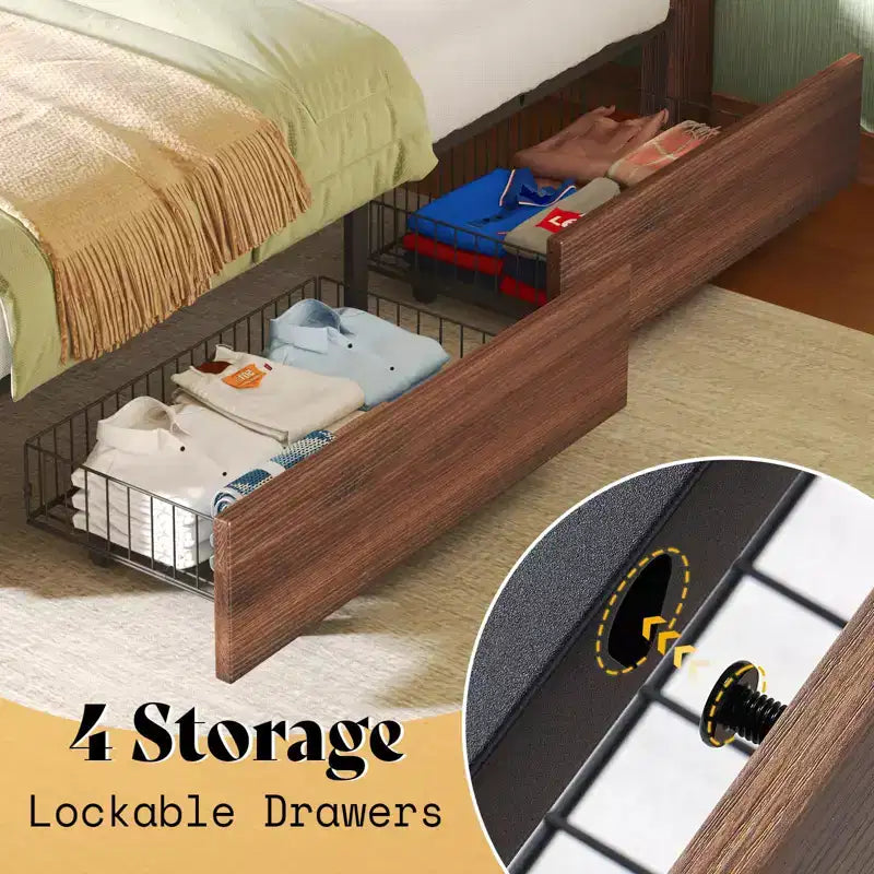 AMERLIFE 48,8 H Telaio letto con 4 cassetti contenitore, testiera a porta di fienile, venature del legno rustico, nessuna molla necessaria