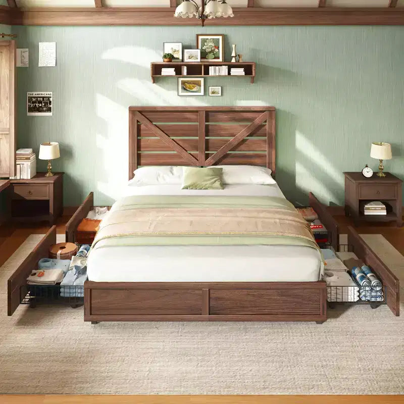 AMERLIFE 48,8 H Telaio letto con 4 cassetti contenitore, testiera a porta di fienile, venature del legno rustico, nessuna molla necessaria