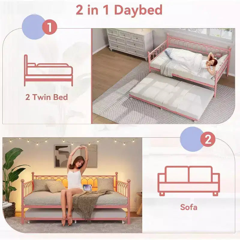 Letto a una piazza e mezza, Struttura in metallo con letto estraibile a rotelle per Soggiorno, Camera da letto, Appartamento e Spazi ridotti