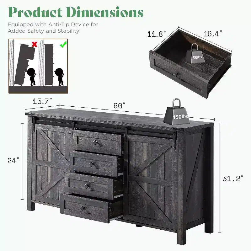 AMERLIFE Cassettiera da fattoria per camera da letto con cassetti, armadietto contenitore con ante scorrevoli a persiana, mobile TV organizer