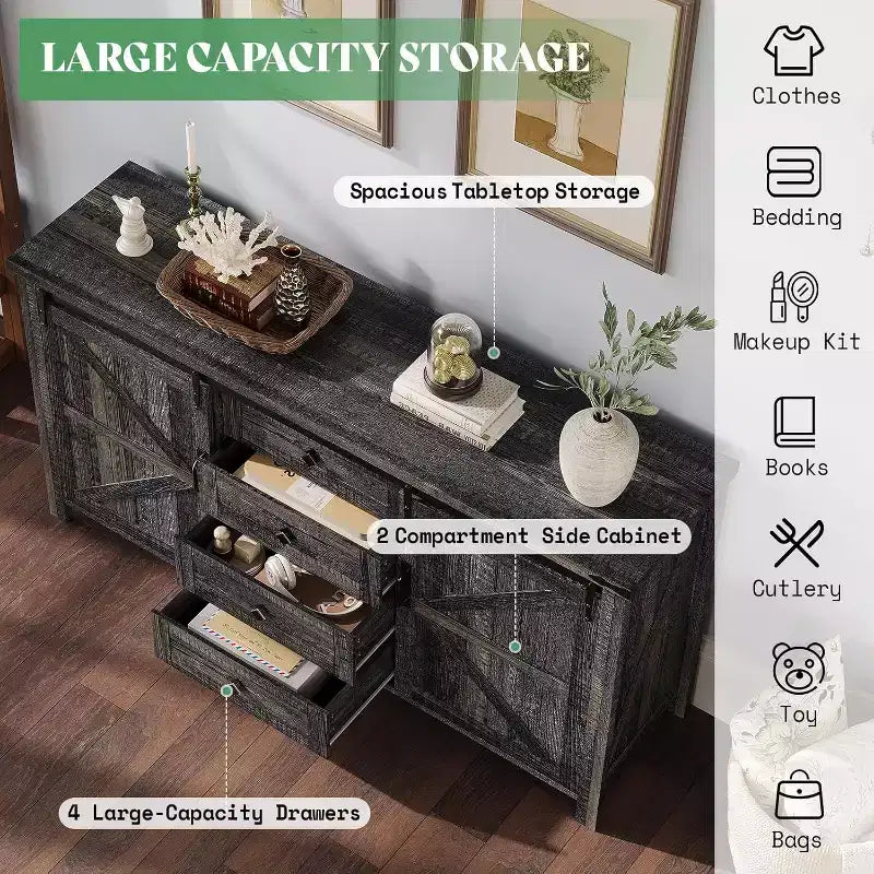 AMERLIFE Cassettiera da fattoria per camera da letto con cassetti, armadietto contenitore con ante scorrevoli a persiana, mobile TV organizer