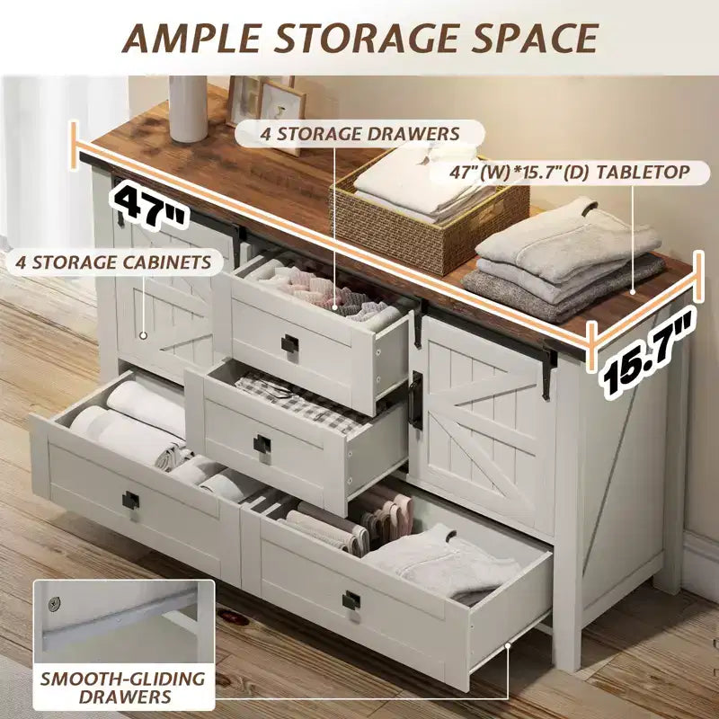 AMERLIFE Cassettiera da fattoria per camera da letto con cassetti, armadietto contenitore con ante scorrevoli a persiana, mobile TV organizer