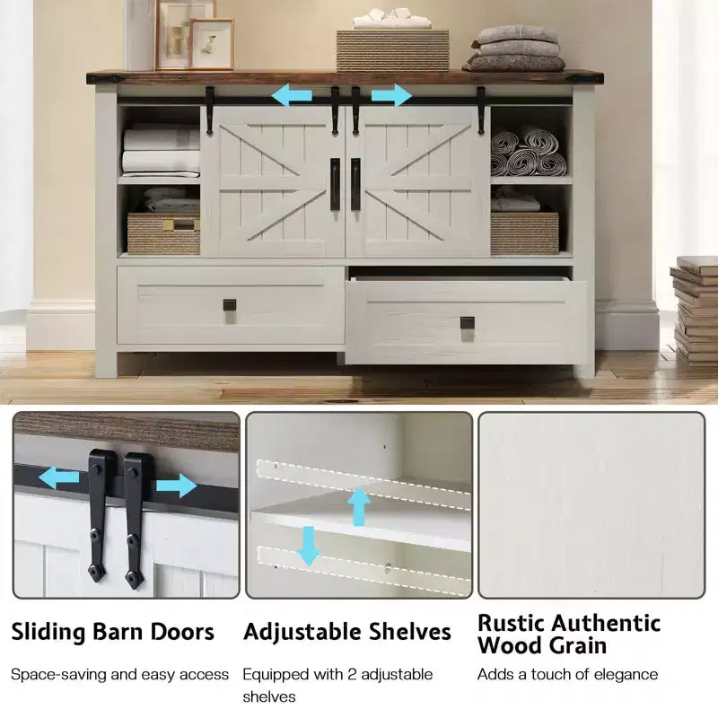 AMERLIFE Cassettiera da fattoria per camera da letto con cassetti, armadietto contenitore con ante scorrevoli a persiana, mobile TV organizer