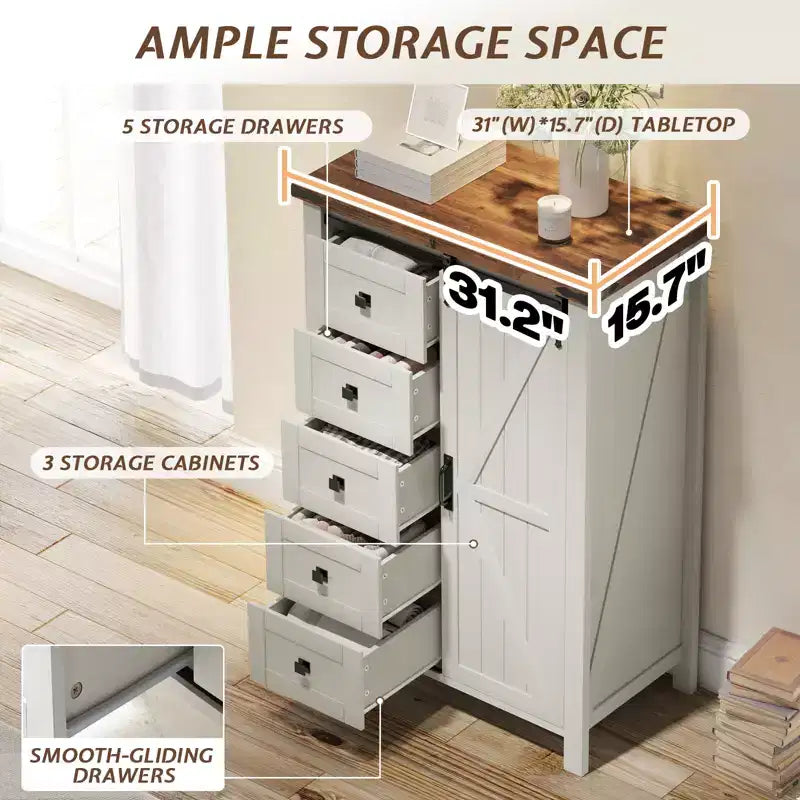 AMERLIFE Cassettiera da fattoria per camera da letto con cassetti, armadietto contenitore con ante scorrevoli a persiana, mobile TV organizer