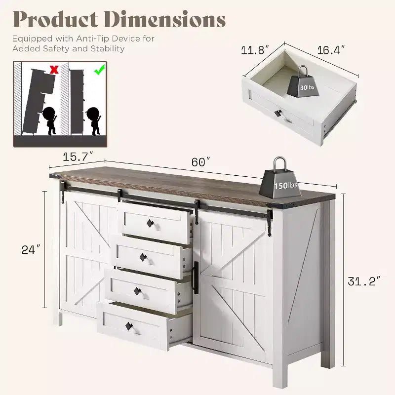 AMERLIFE Cassettiera da fattoria per camera da letto con cassetti, armadietto contenitore con ante scorrevoli a persiana, mobile TV organizer