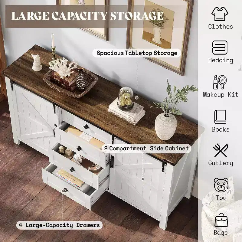 AMERLIFE Cassettiera da fattoria per camera da letto con cassetti, armadietto contenitore con ante scorrevoli a persiana, mobile TV organizer