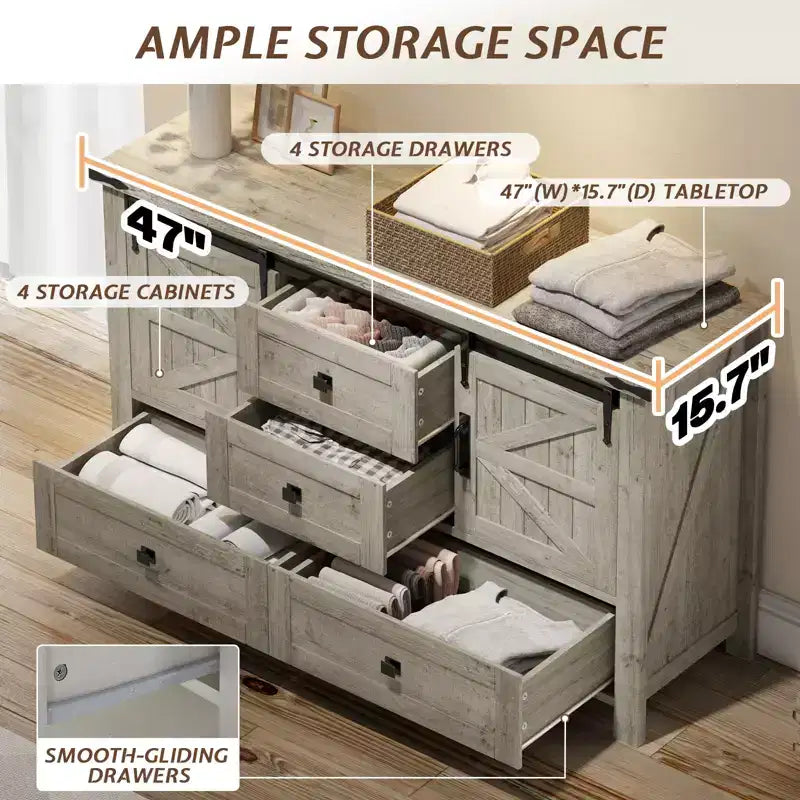 AMERLIFE Cassettiera da fattoria per camera da letto con cassetti, armadietto contenitore con ante scorrevoli a persiana, mobile TV organizer