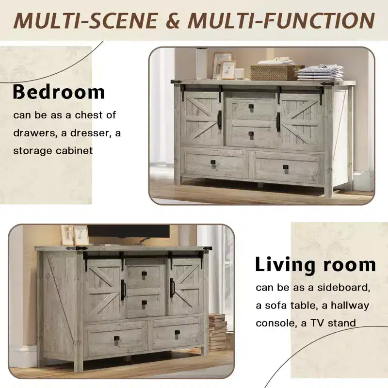 AMERLIFE Cassettiera da fattoria per camera da letto con cassetti, armadietto contenitore con ante scorrevoli a persiana, mobile TV organizer
