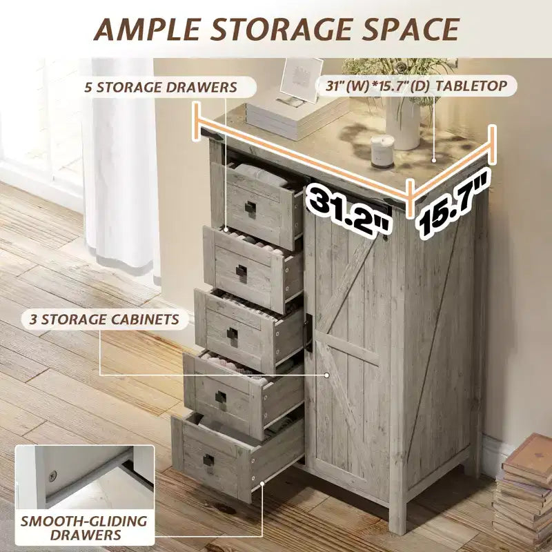 AMERLIFE Cassettiera da fattoria per camera da letto con cassetti, armadietto contenitore con ante scorrevoli a persiana, mobile TV organizer