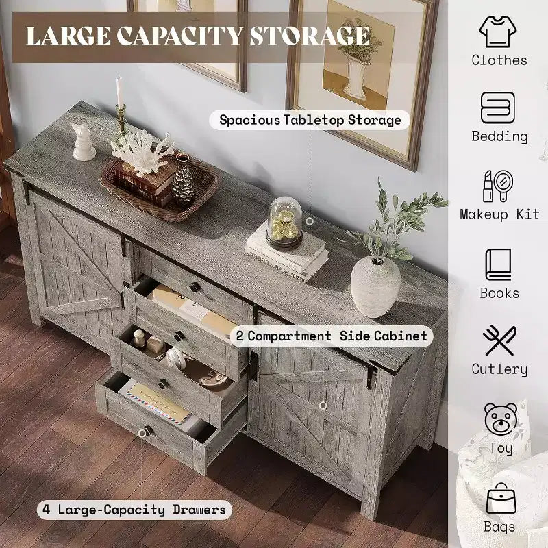 AMERLIFE Cassettiera da fattoria per camera da letto con cassetti, armadietto contenitore con ante scorrevoli a persiana, mobile TV organizer