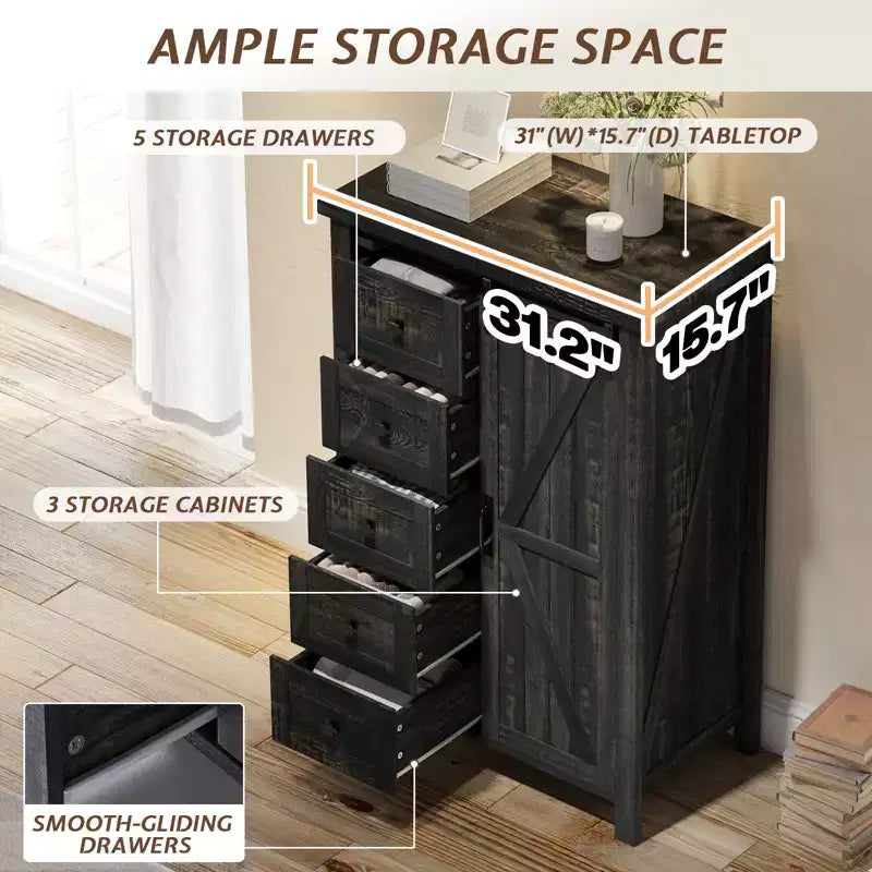 AMERLIFE Cassettiera da fattoria per camera da letto con cassetti, armadietto contenitore con ante scorrevoli a persiana, mobile TV organizer