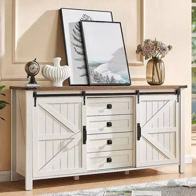 AMERLIFE Cassettiera da fattoria per camera da letto con cassetti, armadietto contenitore con ante scorrevoli a persiana, mobile TV organizer