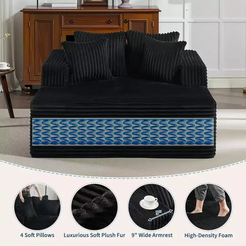Acekool 61 Poltrone lounge oversize, divano extra-large in velluto a coste, 4 cuscini e braccioli, comodo divanetto per soggiorno o camera da letto, nero