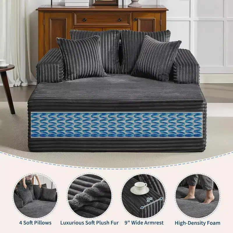 Acekool 61 Poltrone lounge oversize, divano extra-large in velluto a coste, 4 cuscini e braccioli, comodo divanetto per soggiorno o camera da letto, nero