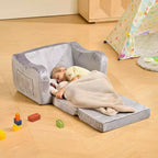 VEVOR Divano per bambini 2 in 1, Morbido divano pieghevole per bambini con braccioli, Realizzato in spugna 28D e pelo corto, Sedia trasformabile per bambini in chaise longue, M, Grigio