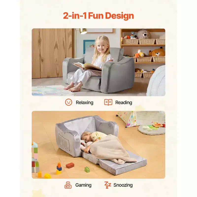 VEVOR Divano per bambini 2 in 1, Morbido divano pieghevole per bambini con braccioli, Realizzato in spugna 28D e pelo corto, Sedia trasformabile per bambini in chaise longue, M, Grigio