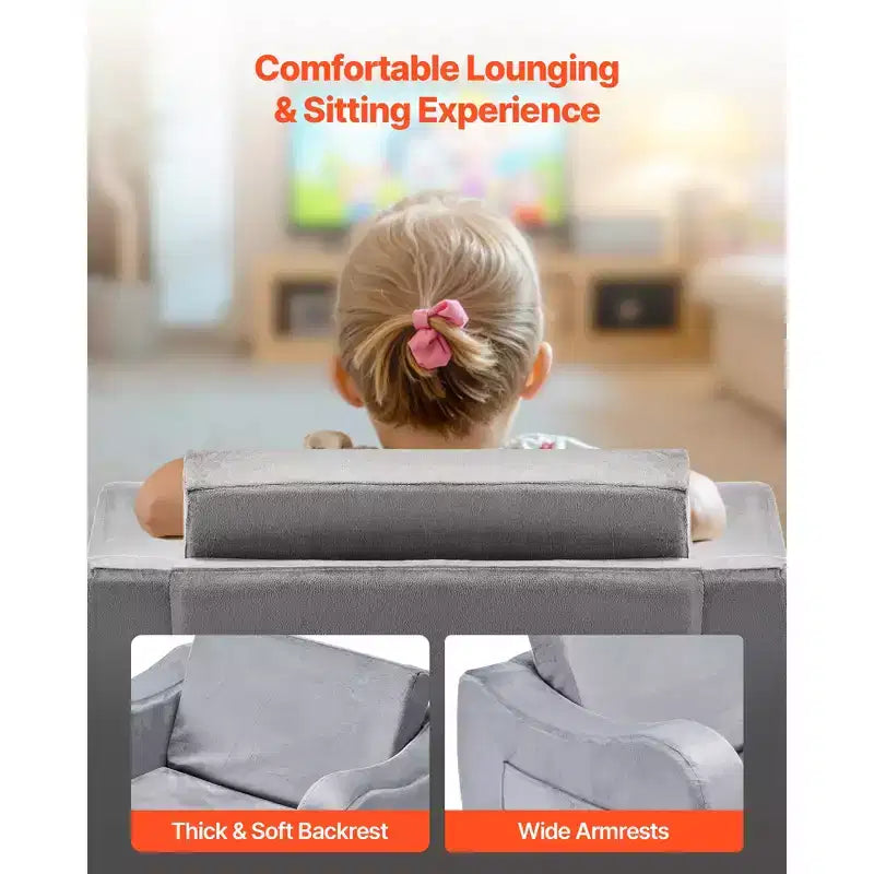 VEVOR Divano per bambini 2 in 1, Morbido divano pieghevole per bambini con braccioli, Realizzato in spugna 28D e pelo corto, Sedia trasformabile per bambini in chaise longue, M, Grigio