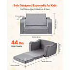 VEVOR Divano per bambini 2 in 1, Morbido divano pieghevole per bambini con braccioli, Realizzato in spugna 28D e pelo corto, Sedia trasformabile per bambini in chaise longue, M, Grigio