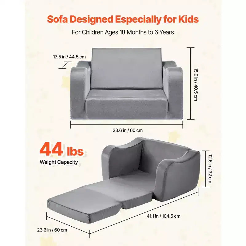 VEVOR Divano per bambini 2 in 1, Morbido divano pieghevole per bambini con braccioli, Realizzato in spugna 28D e pelo corto, Sedia trasformabile per bambini in chaise longue, M, Grigio