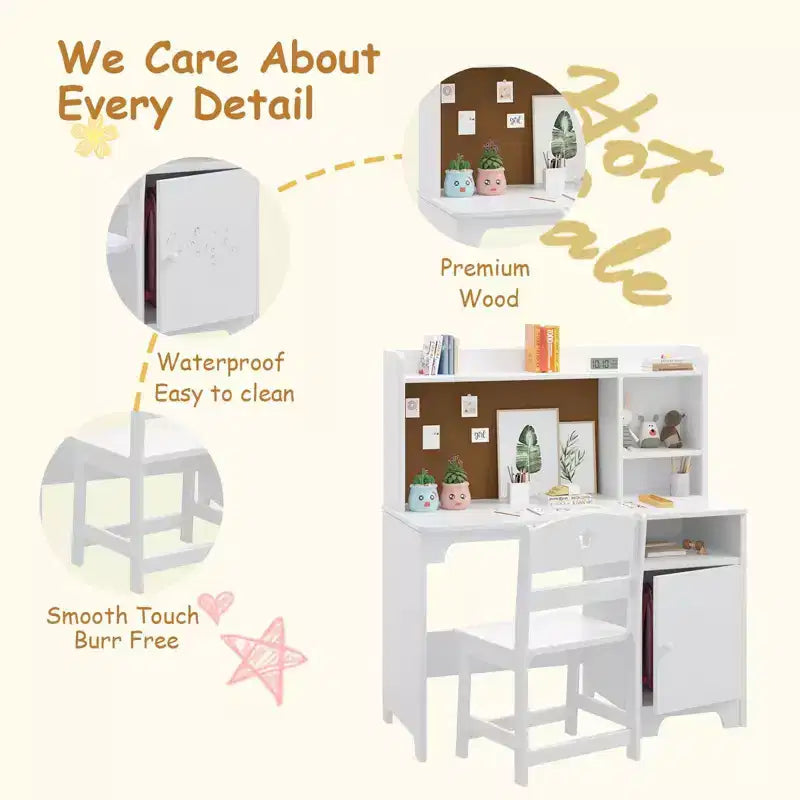 Set scrivania e sedia GustoWave Kids con credenza, armadietto, tavolo da scrittura in legno per bambini per camera da letto e studio
