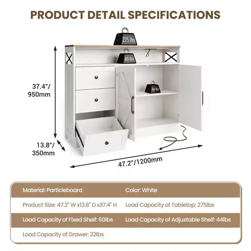 CuisinSmart Mobile Buffet da Fattoria con Contenitore con Presa di Corrente Integrata, Credenza con 2 Ante e 3 Cassetti per Soggiorno Sala da Pranzo