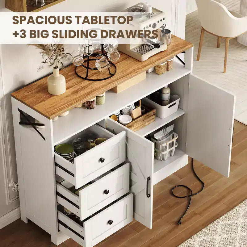 CuisinSmart Mobile Buffet da Fattoria con Contenitore con Presa di Corrente Integrata, Credenza con 2 Ante e 3 Cassetti per Soggiorno Sala da Pranzo