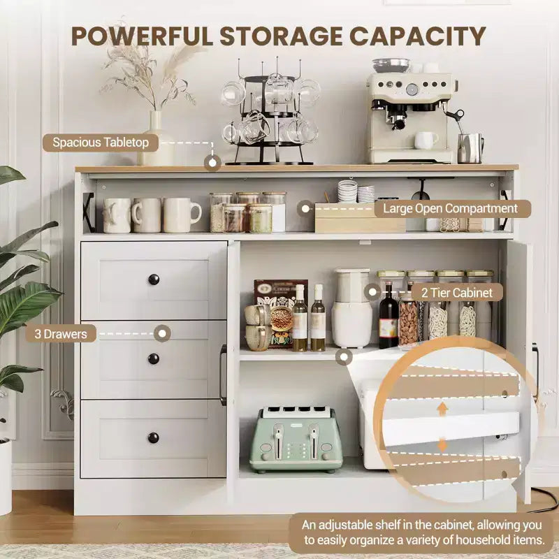 CuisinSmart Mobile Buffet da Fattoria con Contenitore con Presa di Corrente Integrata, Credenza con 2 Ante e 3 Cassetti per Soggiorno Sala da Pranzo