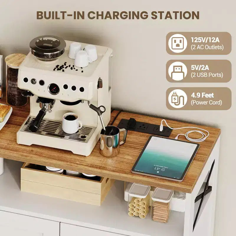 CuisinSmart Mobile Buffet da Fattoria con Contenitore con Presa di Corrente Integrata, Credenza con 2 Ante e 3 Cassetti per Soggiorno Sala da Pranzo