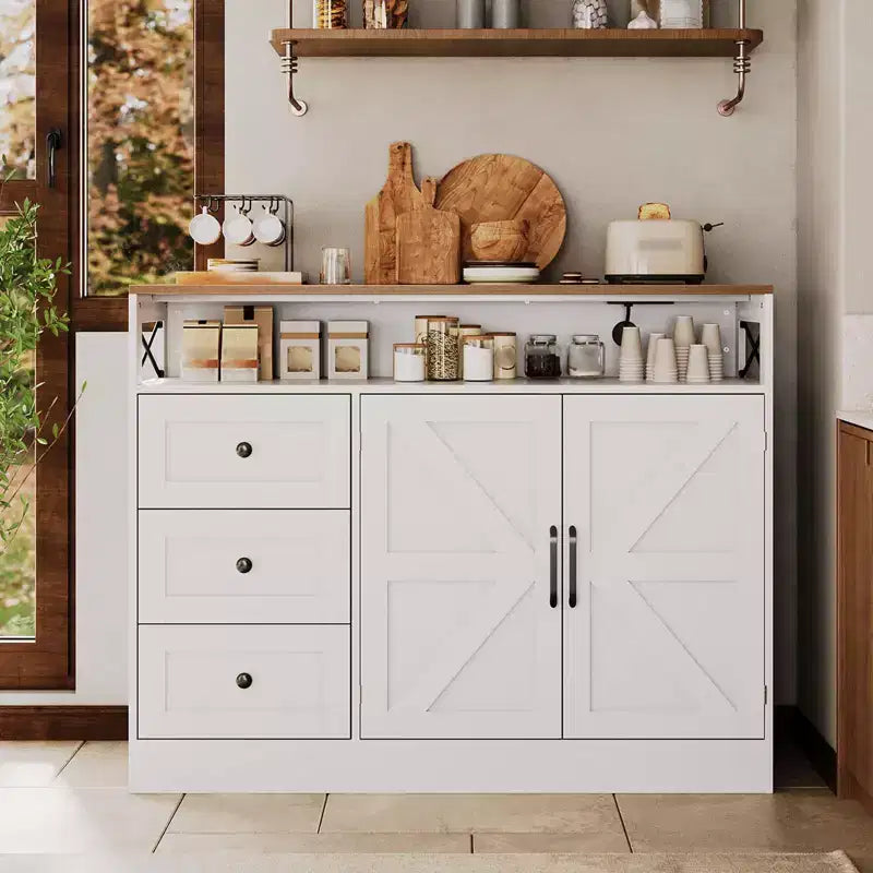 CuisinSmart Mobile Buffet da Fattoria con Contenitore con Presa di Corrente Integrata, Credenza con 2 Ante e 3 Cassetti per Soggiorno Sala da Pranzo