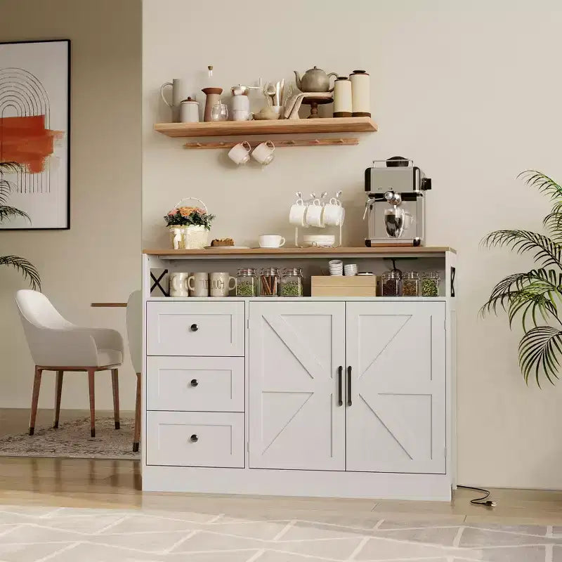 CuisinSmart Mobile Buffet da Fattoria con Contenitore con Presa di Corrente Integrata, Credenza con 2 Ante e 3 Cassetti per Soggiorno Sala da Pranzo
