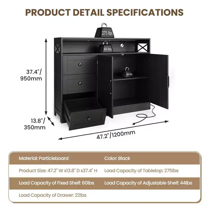 CuisinSmart Mobile Buffet da Fattoria con Contenitore con Presa di Corrente Integrata, Credenza con 2 Ante e 3 Cassetti per Soggiorno Sala da Pranzo