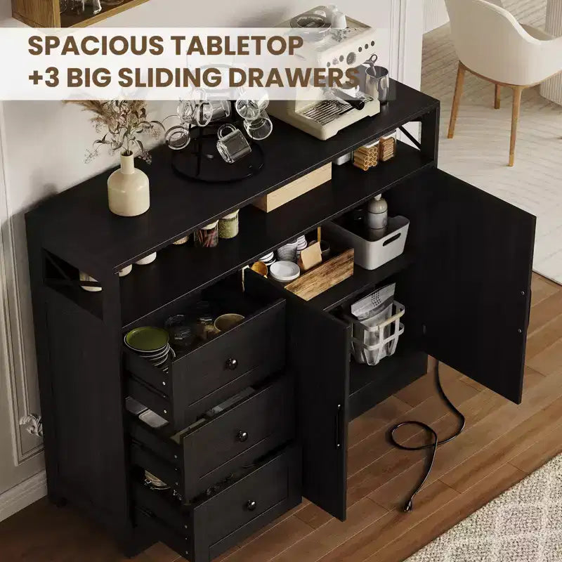 CuisinSmart Mobile Buffet da Fattoria con Contenitore con Presa di Corrente Integrata, Credenza con 2 Ante e 3 Cassetti per Soggiorno Sala da Pranzo