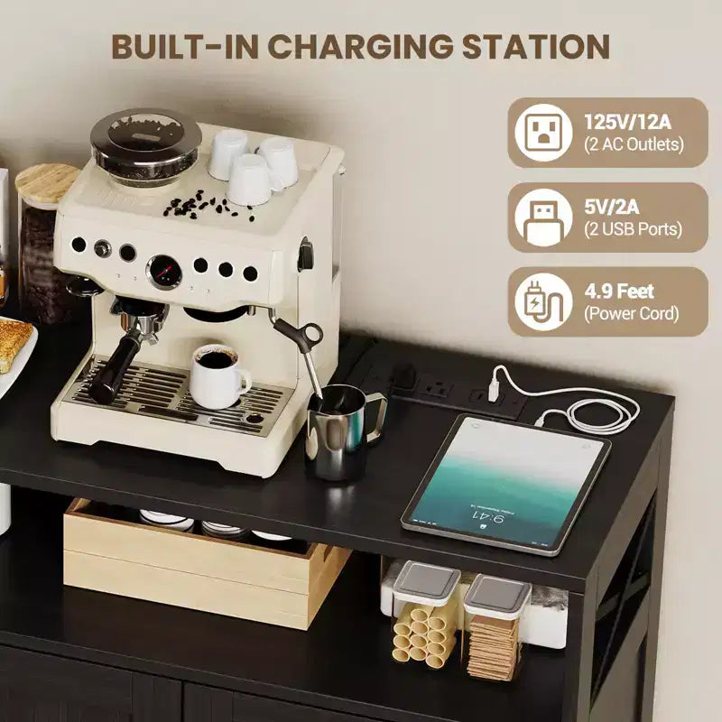 CuisinSmart Mobile Buffet da Fattoria con Contenitore con Presa di Corrente Integrata, Credenza con 2 Ante e 3 Cassetti per Soggiorno Sala da Pranzo