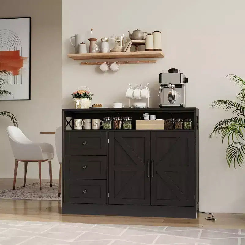 CuisinSmart Mobile Buffet da Fattoria con Contenitore con Presa di Corrente Integrata, Credenza con 2 Ante e 3 Cassetti per Soggiorno Sala da Pranzo