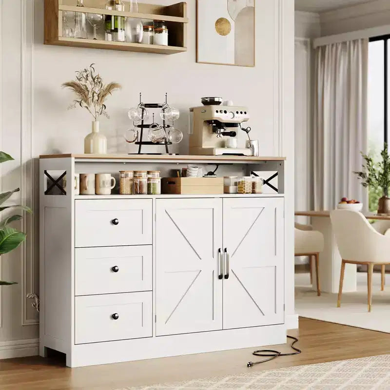 CuisinSmart Mobile Buffet da Fattoria con Contenitore con Presa di Corrente Integrata, Credenza con 2 Ante e 3 Cassetti per Soggiorno Sala da Pranzo