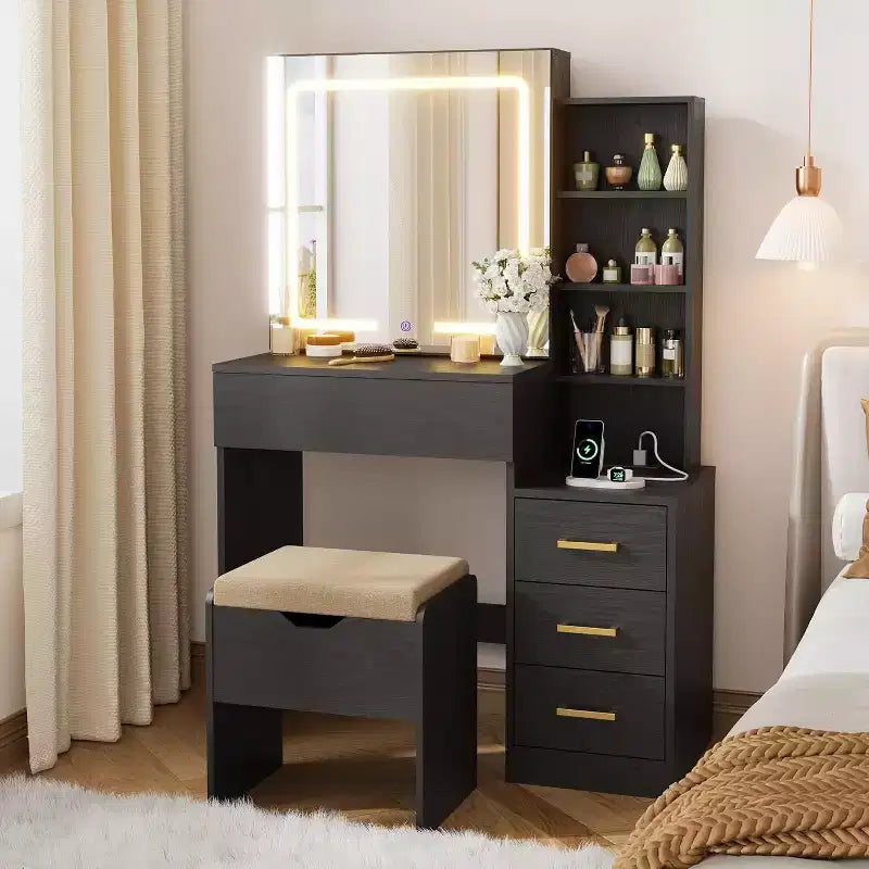 Toeletta con Specchio e Luci, Moderna Toeletta Trucco, Set Tavolo e Sedia Toeletta con 4 Cassetti e 7 Ripiani, Luminosità Regolabile