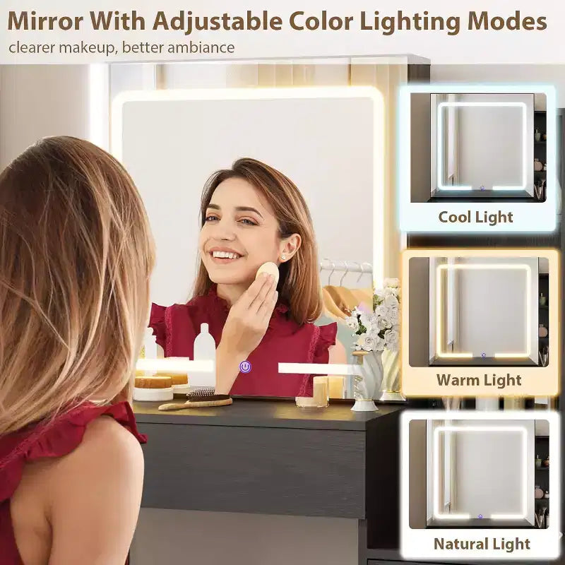 Toeletta con Specchio e Luci, Moderna Toeletta Trucco, Set Tavolo e Sedia Toeletta con 4 Cassetti e 7 Ripiani, Luminosità Regolabile